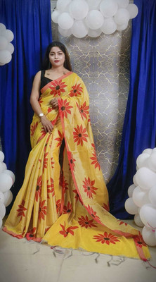 HouseOfCommon Digital Print, Solid/Plain Bollywood Handloom Cotton Silk Saree(Yellow)