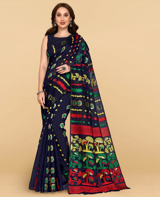 CHOICEIT Woven, Floral Print Jamdani Cotton Linen Saree(Dark Blue)