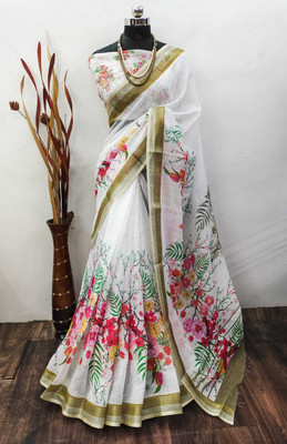 Shivaarya Digital Print, Woven Bollywood Linen, Cotton Linen Saree(White)