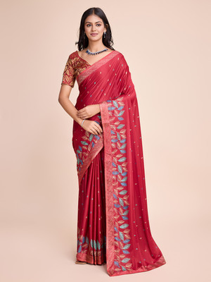 TRESPINO Printed Bollywood Lycra Blend Saree(Maroon)