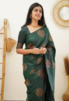 Harshiv Textile Self Design Kanjivaram Art Silk Saree(Green)