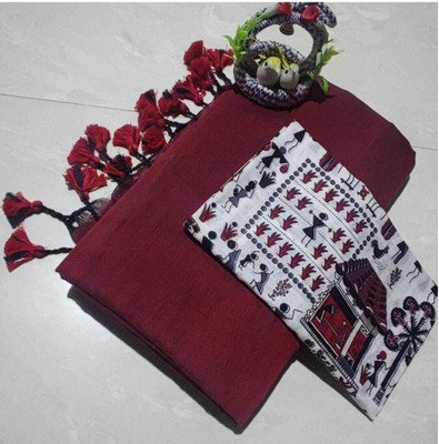 SMRITI BOUTIQUE Solid/Plain, Printed Kalamkari Handloom Pure Cotton Saree(Maroon)