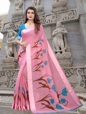 Gugaliya Floral Print Bollywood Chanderi, Cotton Blend Saree(Multicolor)