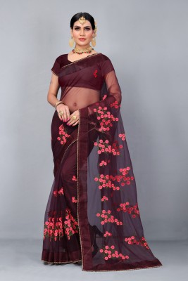 PATLANI STYLE Embroidered Bollywood Net Saree(Brown)