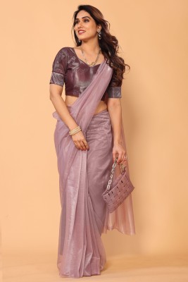 WEDDING VILLAGE Solid/Plain, Woven Bollywood Net Saree(Purple)