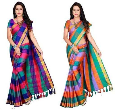 Pooja Designer Wear Checkered Chettinadu Cotton Silk Saree(Pack of 2, Multicolor)
