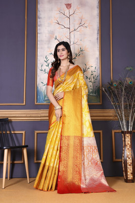 LAVYANSH CREATION Printed Banarasi Art Silk Saree(Yellow)