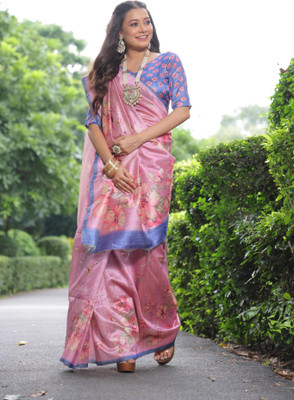 PeachPetals Floral Print, Printed Banarasi Cotton Blend Saree(Pink)