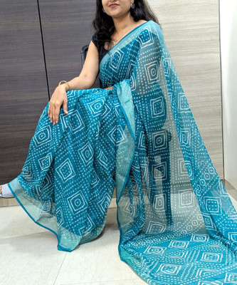 TRUORIGIN Geometric Print Bandhani Chiffon Saree(Light Blue)