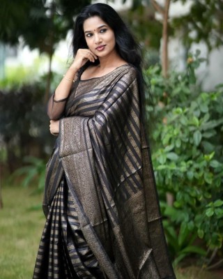 SGF11 Striped Kanjivaram Pure Silk, Art Silk Saree(Black)