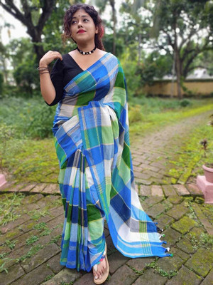 HouseOfCommon Woven Handloom Pure Cotton Saree(Blue)
