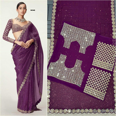 MANIBAA CLOTHING Embroidered, Embellished Bollywood Georgette Saree(Purple)