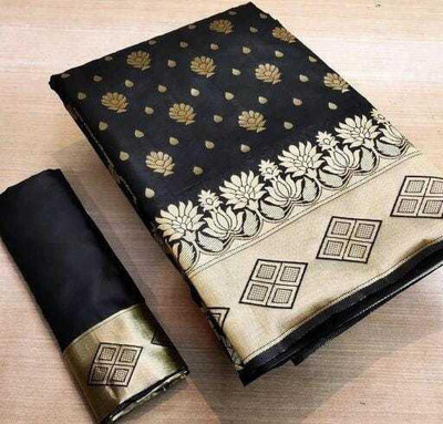Kartvya Woven, Printed Kanjivaram Silk Blend Saree(Black)
