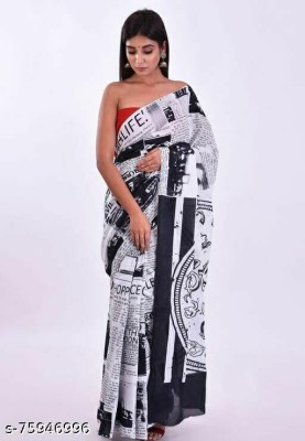 NIKHILAM Printed Ikkat Pure Cotton Saree(White, Black)