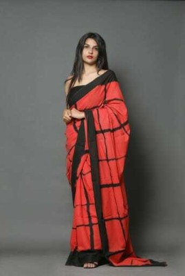 Jaipuri Print Checkered Daily Wear Pure Cotton Saree(Red, Black)