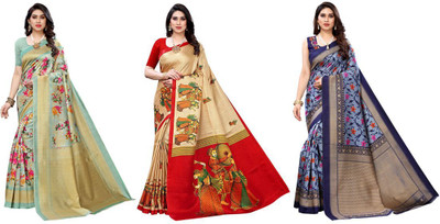 Priyashi Printed Daily Wear Art Silk Saree(Pack of 3, Light Green, Beige, Blue)