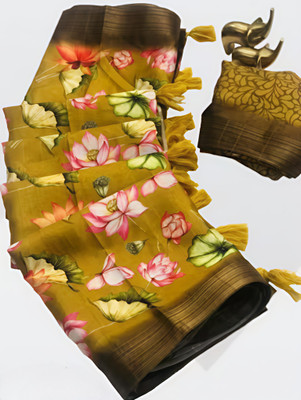 Marabout Digital Print Bollywood Cotton Linen Saree(Yellow)