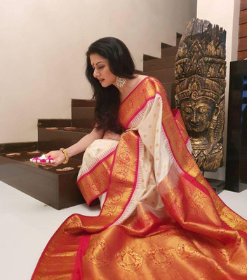 Bansari Textiles Woven Banarasi Cotton Silk Saree(White)