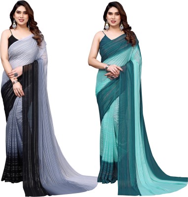 kashvi sarees Striped Bollywood Satin Saree(Pack of 2, Grey, Black, Green, Light Blue)