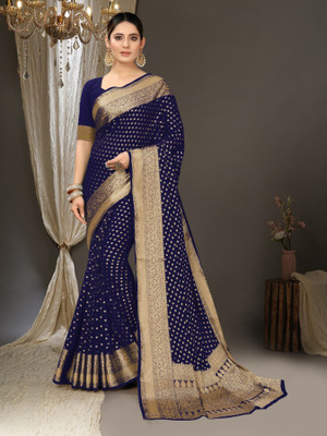 FAB WOVEN Printed Banarasi Silk Blend Saree(Dark Blue)