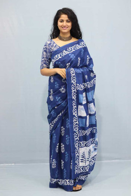 NIKHILAM Printed Daily Wear Pure Cotton Saree(Light Blue)