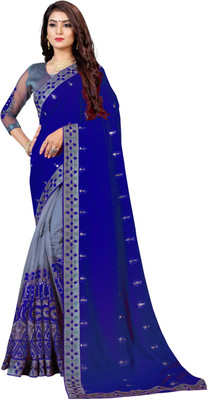 b bella creation Embroidered Bollywood Silk Blend, Net Saree(Blue)