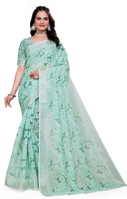 HouseOfCommon Floral Print Bollywood Cotton Linen Saree(Green)