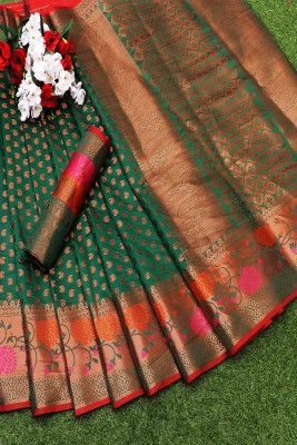SHREE NATH CREATION Woven Banarasi Cotton Silk Saree(Dark Green)