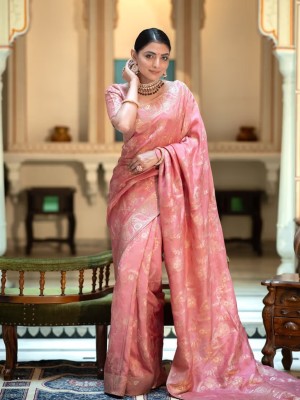 GLOWMOROUS Embellished, Woven Kanjivaram Silk Blend, Jacquard Saree(Pink)