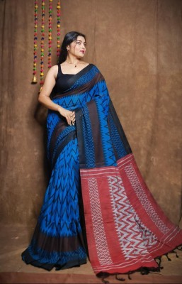 binita Self Design Sambalpuri Cotton Blend Saree(Blue, Red)