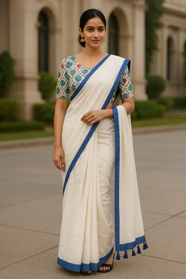 SMRITI HANDLOOM Solid/Plain Kalamkari Handloom Pure Cotton Saree(Pack of 2, White, Light Blue)