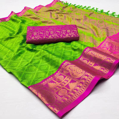 Izlyn Woven Pochampally Cotton Silk Saree(Green)