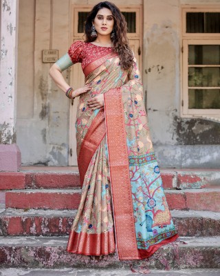 ALMAARI FASHION Printed Kalamkari Cotton Silk Saree(Cream)