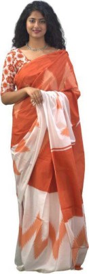 NIKHILAM Printed Daily Wear Pure Cotton Saree(Orange)