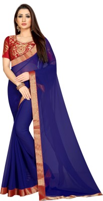 Aika Solid/Plain Bollywood Chiffon Saree(Dark Blue, Red)