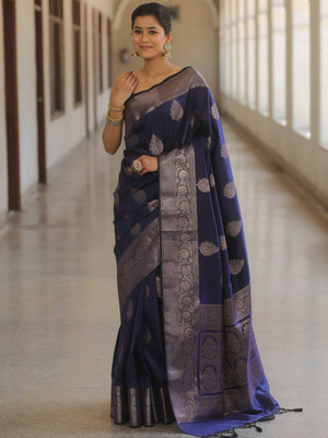 The Style Sanctuary Woven, Self Design Banarasi Silk Blend Saree(Dark Blue)