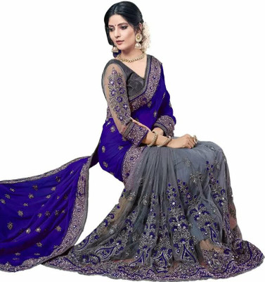 ridhhisa fashion Embroidered Bollywood Net Saree(Dark Blue)