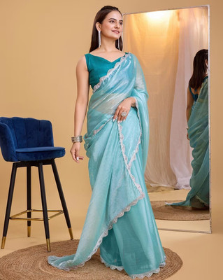 Julee Solid/Plain Bollywood Net Saree(Light Blue)