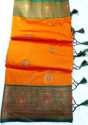 scope creations Floral Print, Embroidered, Embellished Banarasi Pure Silk Saree(Orange, Green)