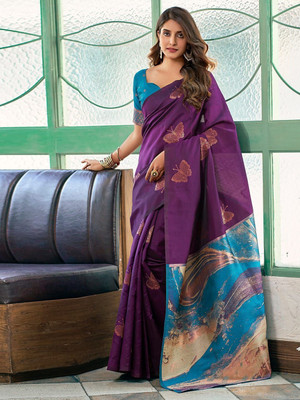 Margi Designers Printed Banarasi Silk Blend Saree(Purple)