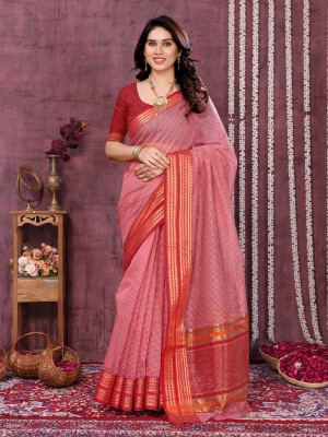 Sidhidata Checkered Kota Doria Cotton Blend Saree(Pink)