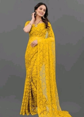 NORAFLEX Floral Print Daily Wear Net Saree(Yellow)