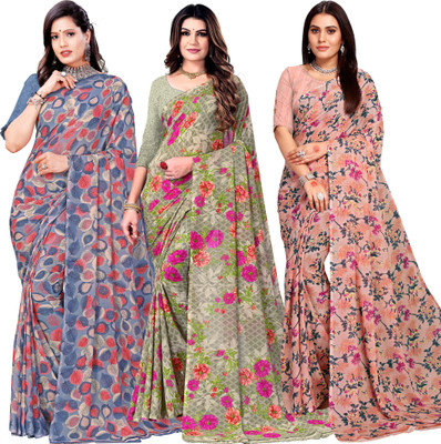 Kanooda Prints Printed Daily Wear Georgette Saree(Pack of 3, Multicolor)