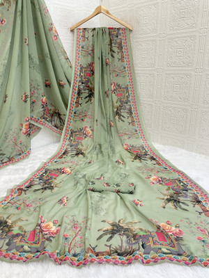 Pemal Designer Digital Print Bollywood Georgette Saree(Light Green)