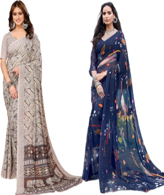 YASHIKA Printed Daily Wear Georgette Saree(Pack of 2, Brown, Blue)
