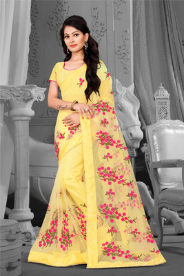 NJ FASHION Self Design, Embroidered, Solid/Plain, Dyed, Printed Bollywood Net Saree(Yellow)