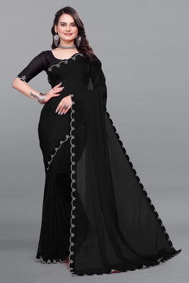 HIJA TRENDZ Solid/Plain Bollywood Georgette Saree(Black)