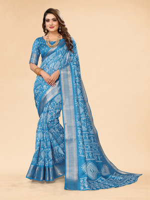 Hema Silk Mills Embellished Bandhani Cotton Silk Saree(Blue)