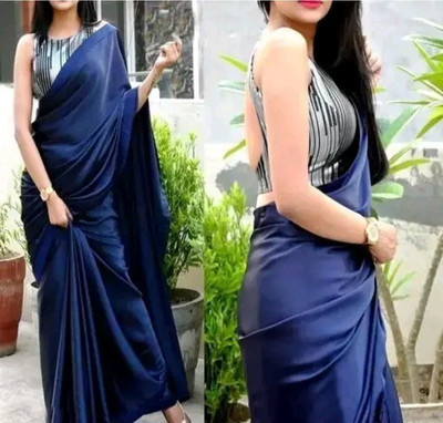 Arpita Fashion Solid/Plain, Self Design Bollywood Satin Saree(Dark Blue)