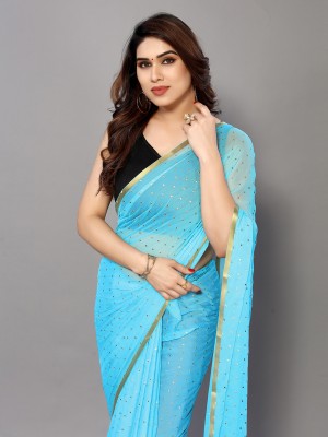 Desi Style Polka Print Daily Wear Net, Chiffon Saree(Blue)